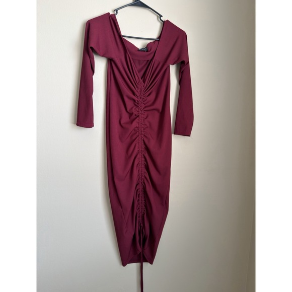 PrettyLittleThing Dresses & Skirts - PrettyLittleThing Burgundy Ribbed Off Shoulder Ruched Drawstring Midi Dress S 10